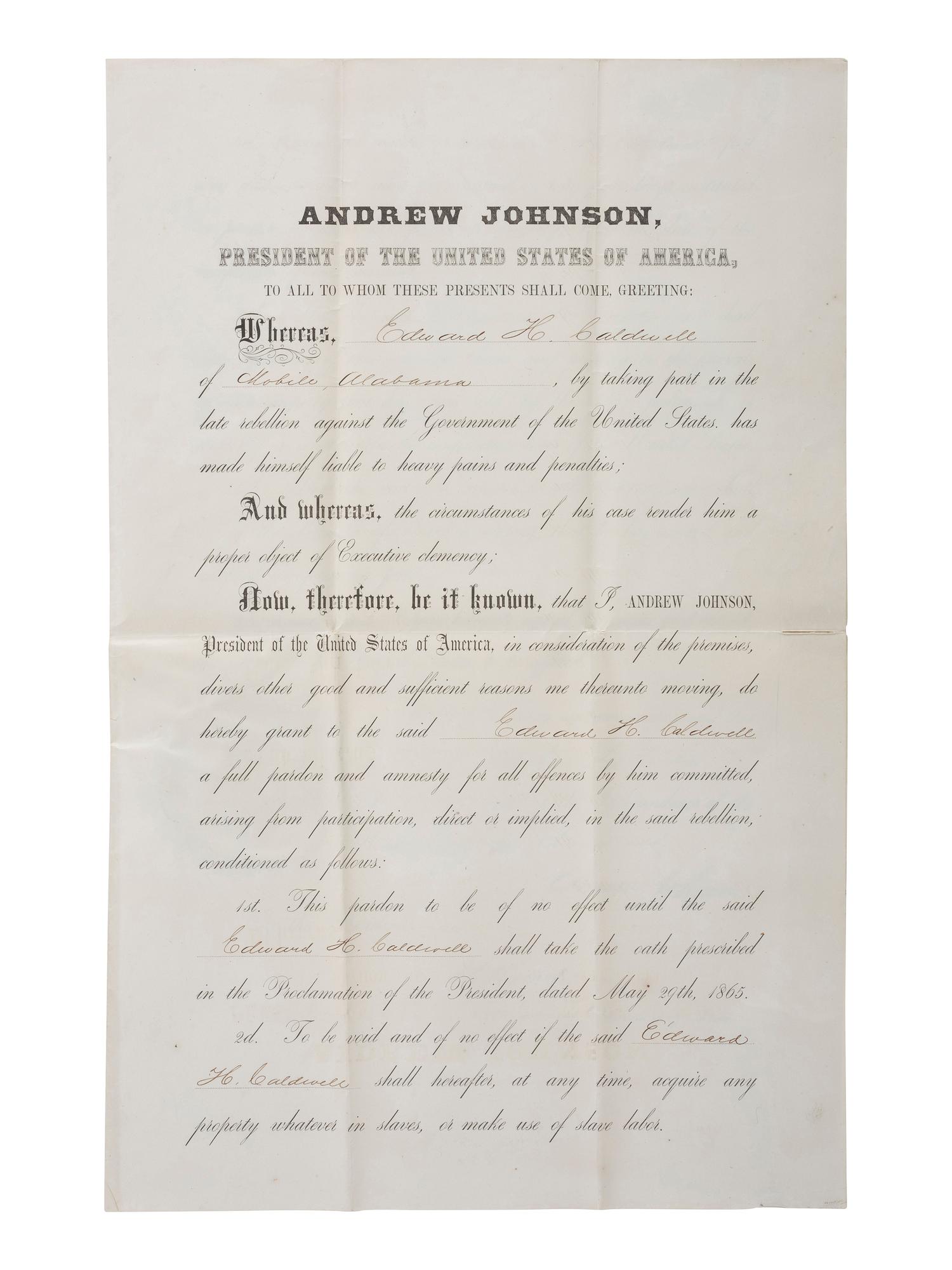 [CIVIL WAR] JOHNSON, Andrew (1808-1875). Partly-printed Presidential pardon stamp-signed by Johnson.