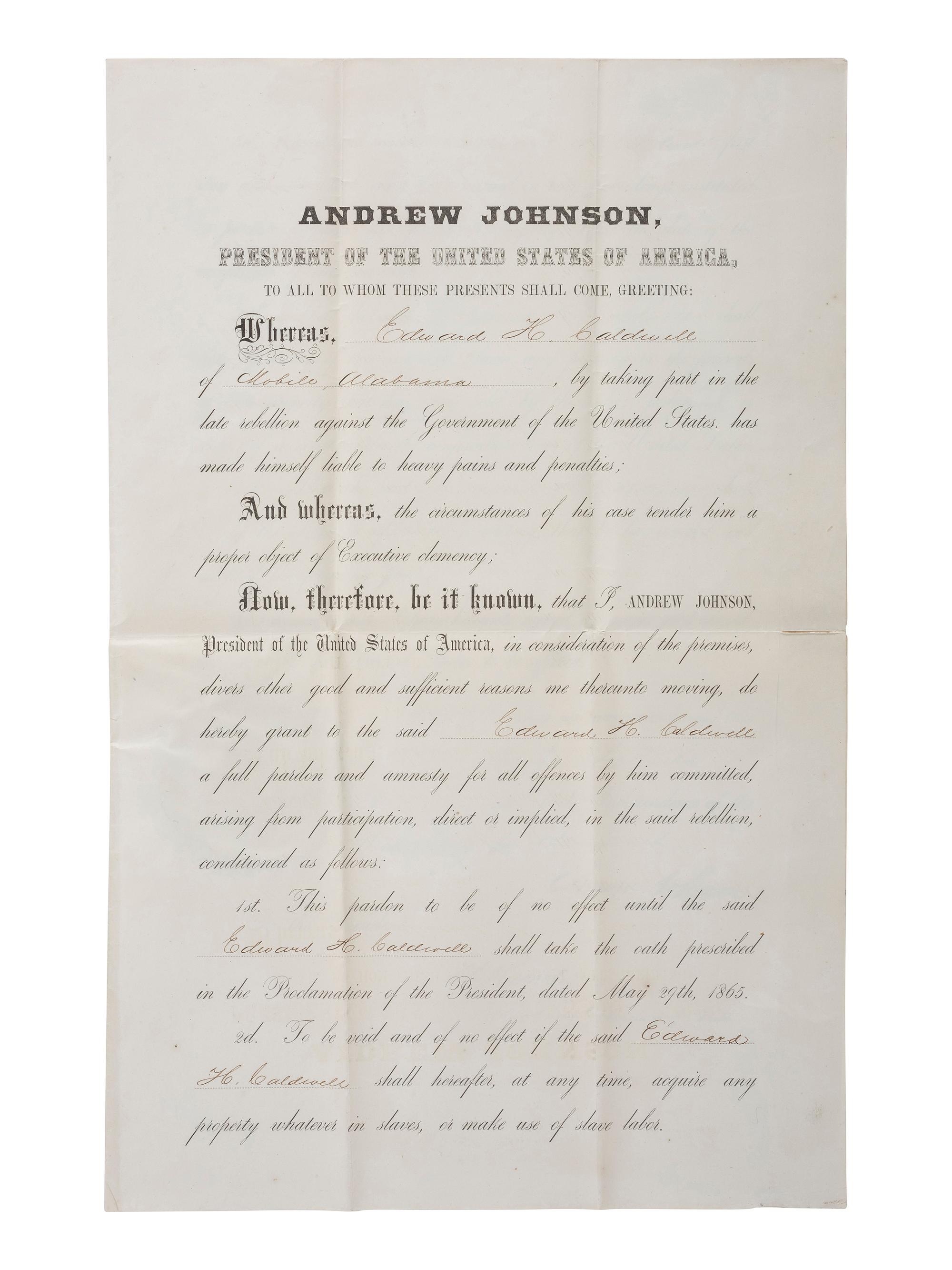 [CIVIL WAR] JOHNSON, Andrew (1808-1875). Partly-printed Presidential pardon stamp-signed by Johnson.