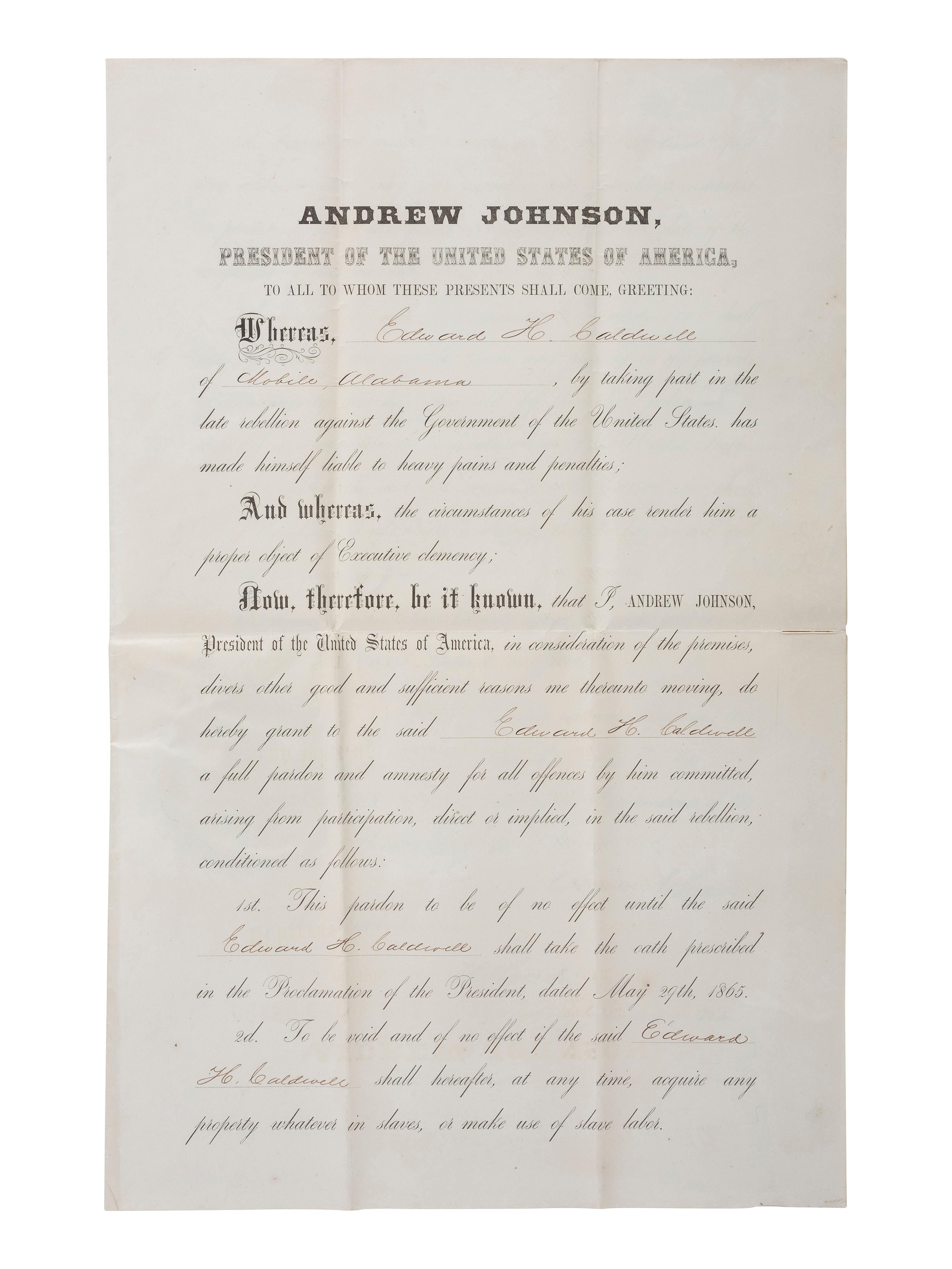 [CIVIL WAR] JOHNSON, Andrew (1808-1875). Partly-printed Presidential pardon stamp-signed by Johnson.