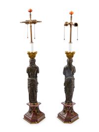 A Pair of French Neoclassical Gilt and Patinated Bronze Figural Lamps After Jean Goujon