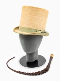 Women's Riding Top Hat and Braided Leather Whip, 1880s
