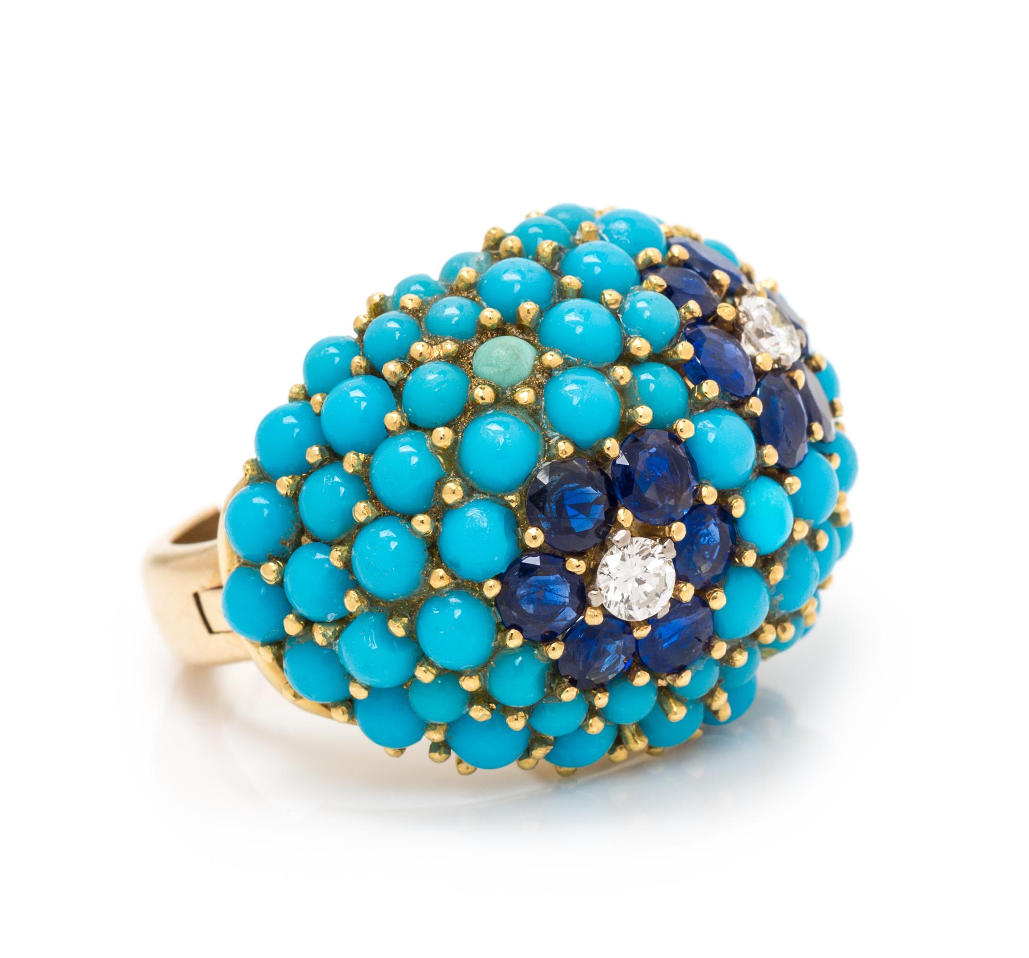 A Yellow Gold, Sapphire, Diamond and Simulated Turquoise Ring, 9.20 dwts.