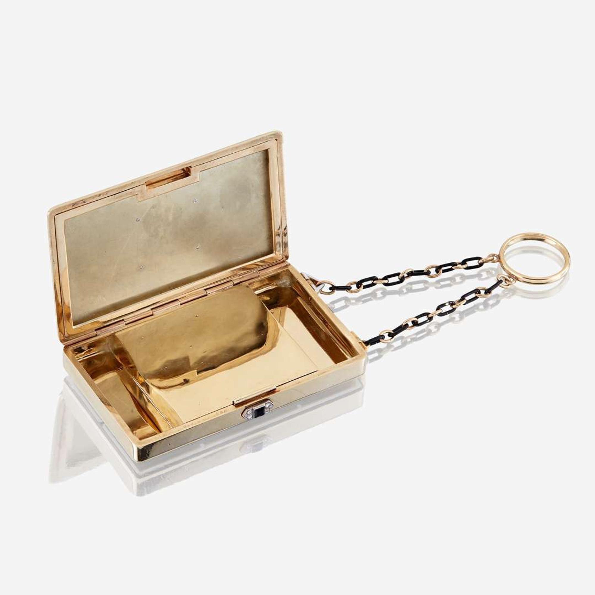 An eighteen karat gold, polychrome enamel, and diamond finger ring compact