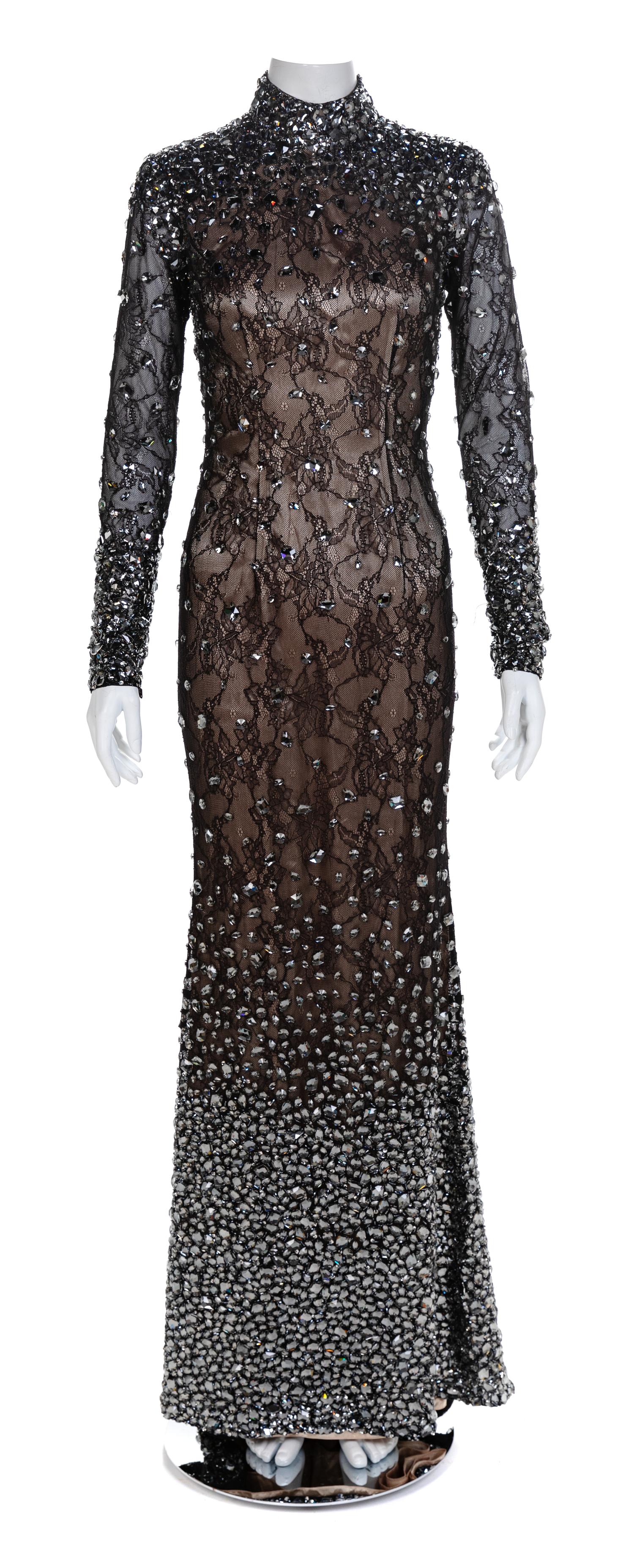 Jovani Couture Black Sheer Lace Beaded Illusion Halter Gown, 1990-2000s No size label