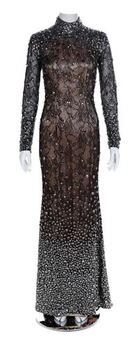 Jovani Couture Black Sheer Lace Beaded Illusion Halter Gown, 1990-2000s No size label
