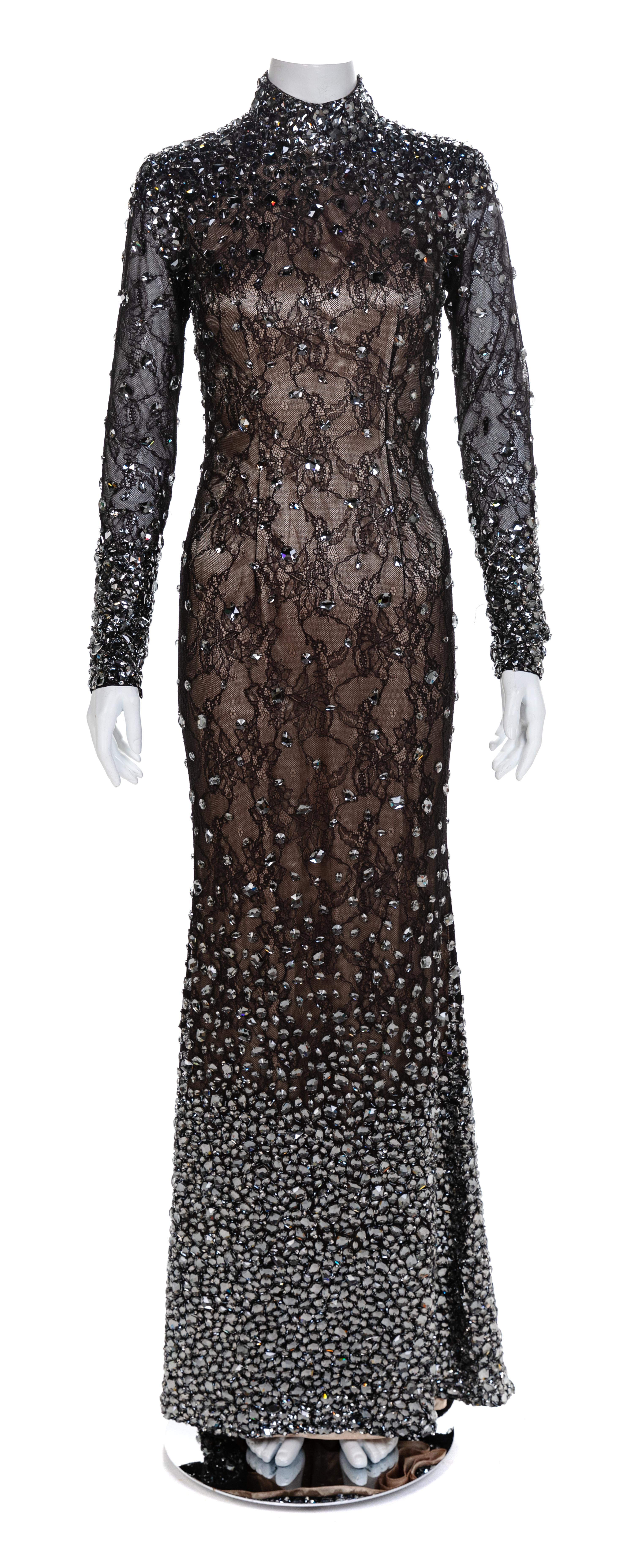 Jovani Couture Black Sheer Lace Beaded Illusion Halter Gown, 1990-2000s No size label