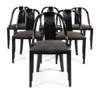 A Set of Six Art Deco Ebonized Dining Chairs Height 33 inches.