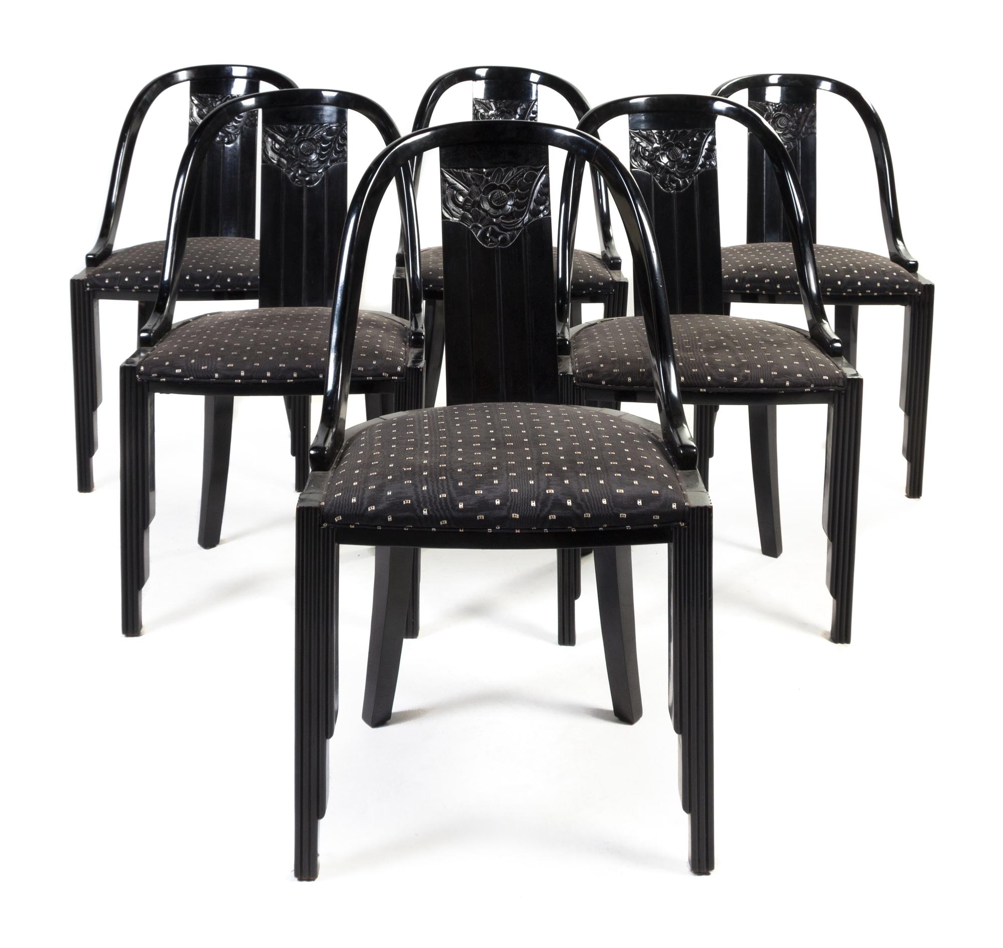 A Set of Six Art Deco Ebonized Dining Chairs Height 33 inches.