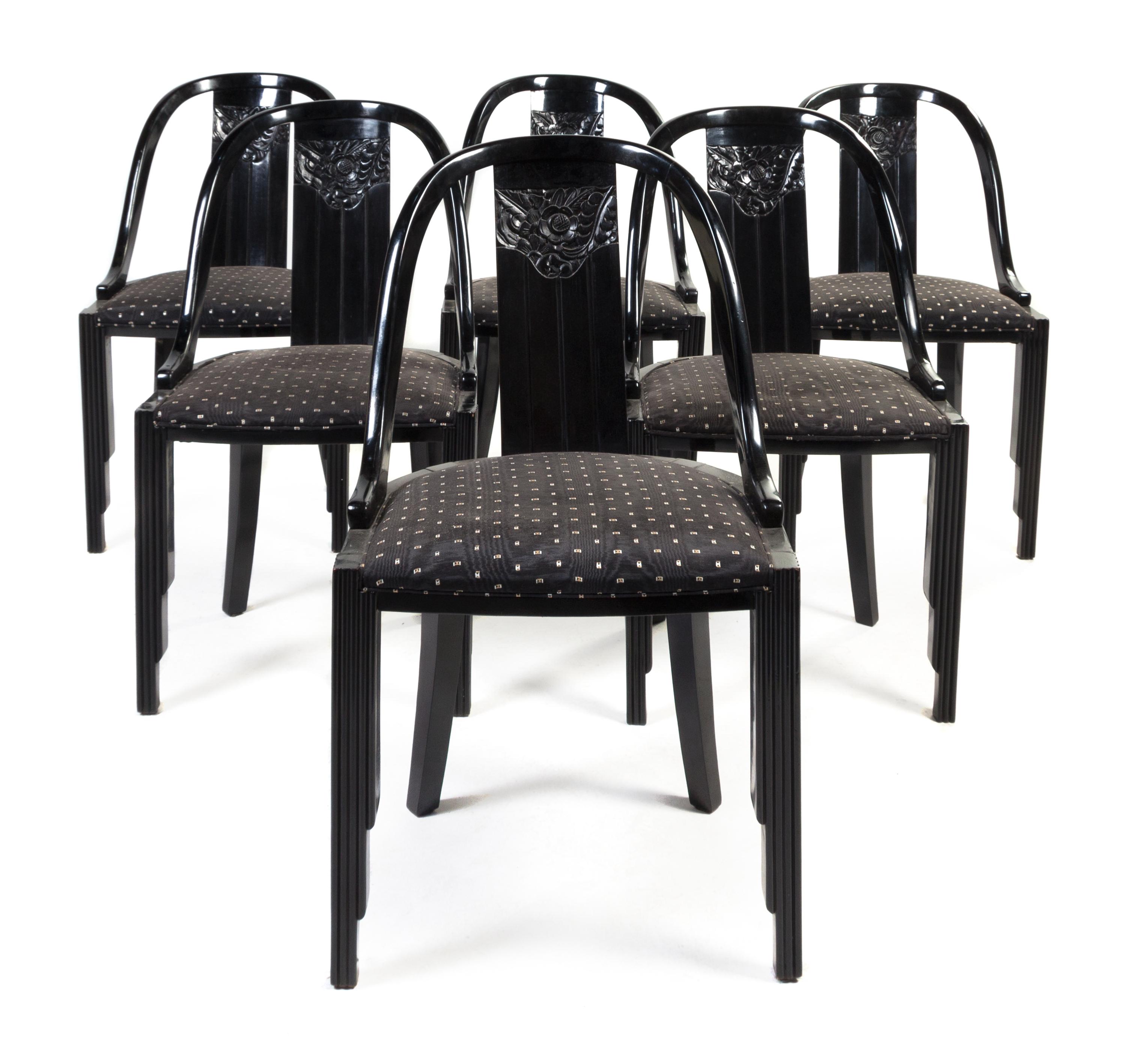 A Set of Six Art Deco Ebonized Dining Chairs Height 33 inches.
