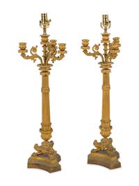 A Pair of Charles X Gilt Bronze Three-Light Candelabra Mounted as Lamps