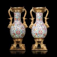 A Pair of Gilt Bronze Mounted Chinese Famille Rose Vases, the Porcelain 19th Century 清中期 粉彩雲蝠八寶紋鑲鎏金配件賞瓶一對