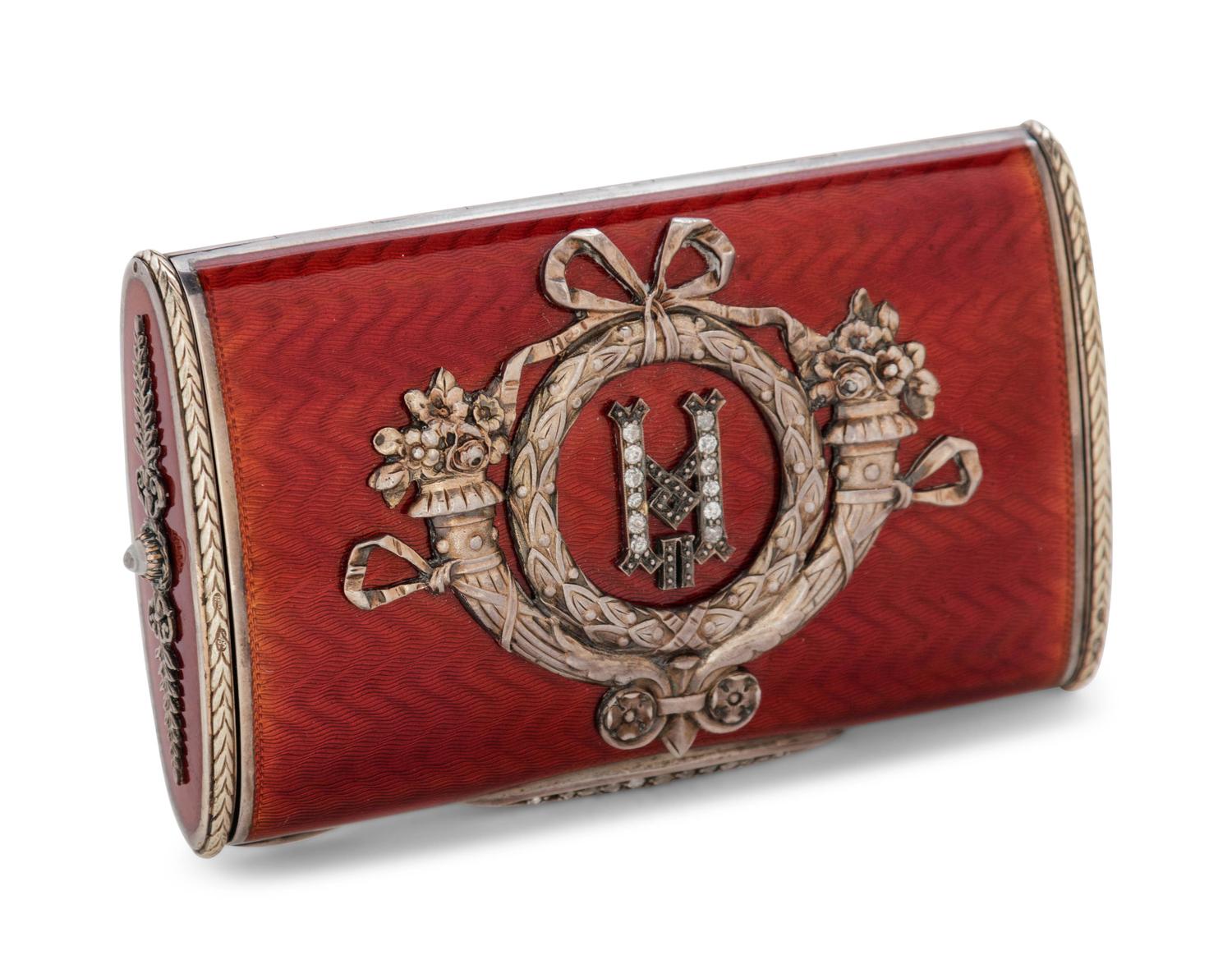 A Fabergé Style Enameled Silver and Diamond Mounted Cigarette Case