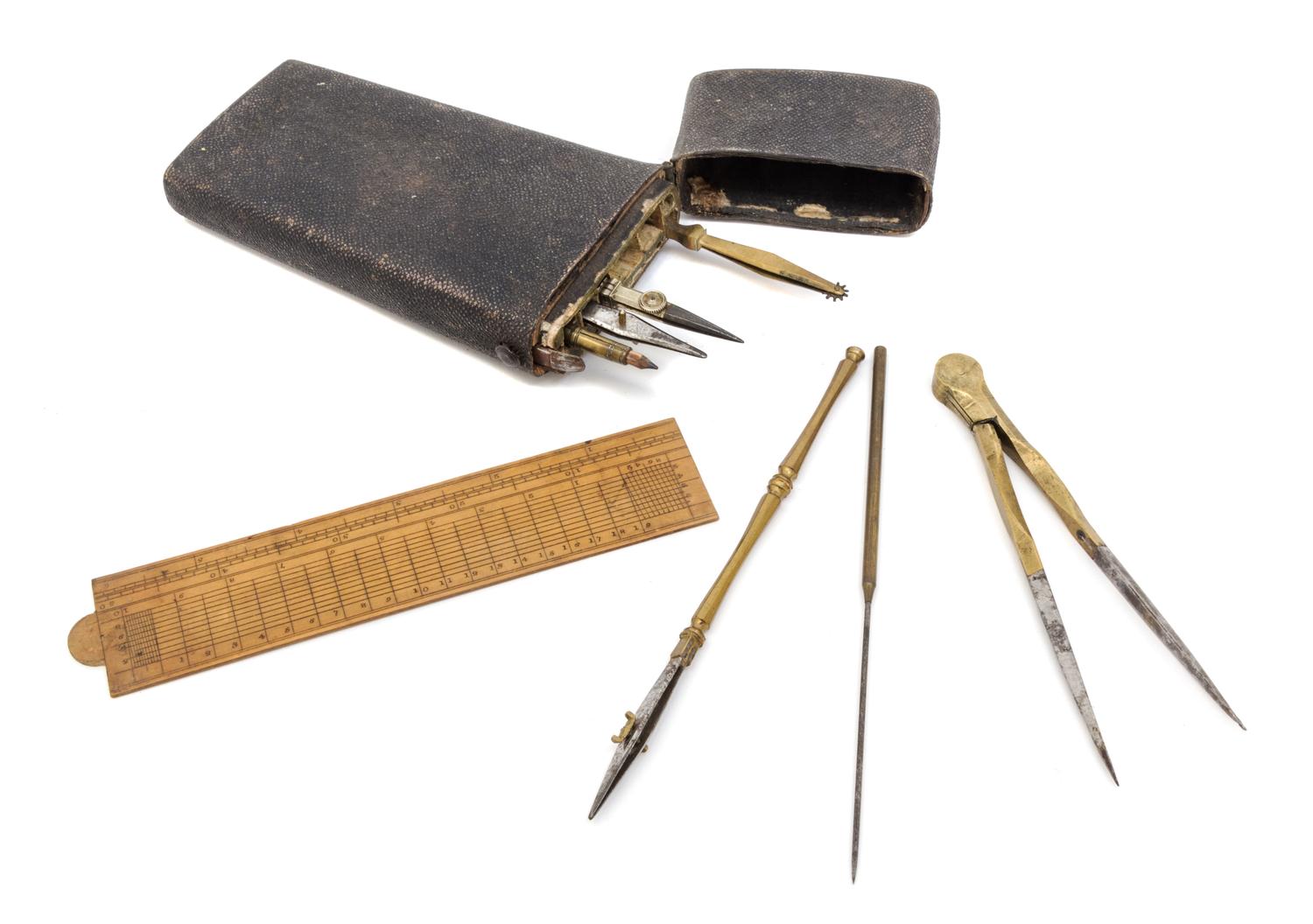 An English Ray-Skin Cased Nine-Piece Drawing Instrument Set Height of case 7 inches. — 19TH CENTURY