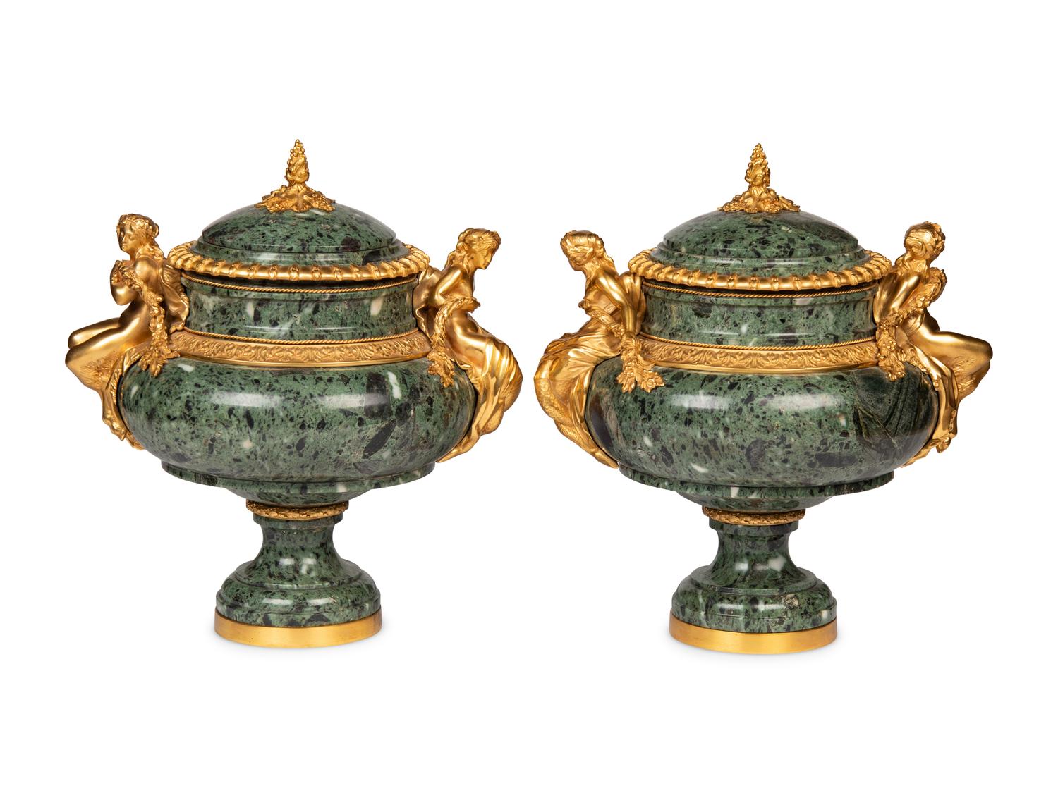A Pair of French Gilt Bronze Mounted Marble Urns