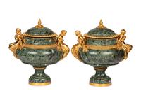 A Pair of French Gilt Bronze Mounted Marble Urns