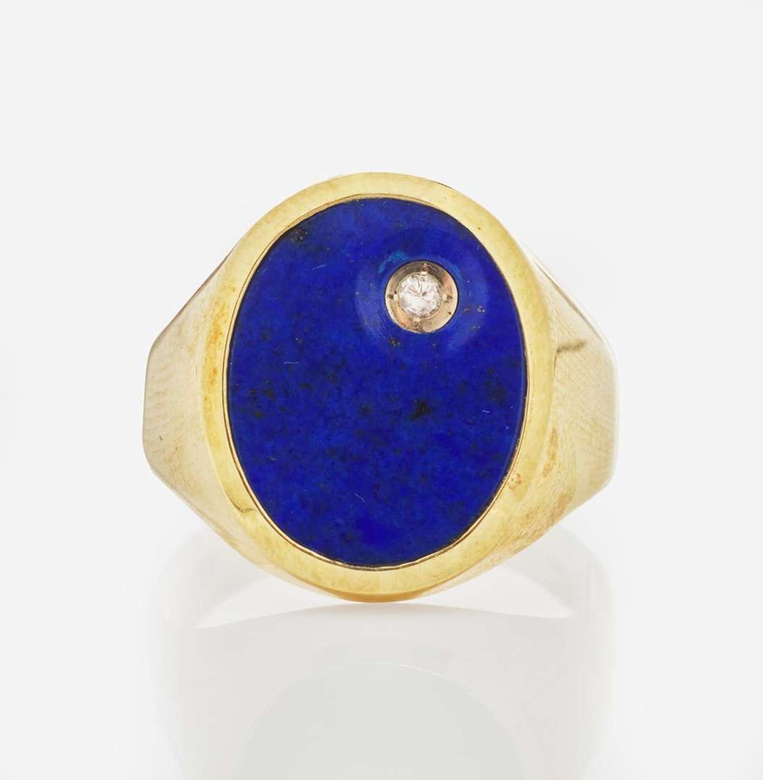 A 14K Yellow gold Lapis Lazuli and Diamond Signet Ring