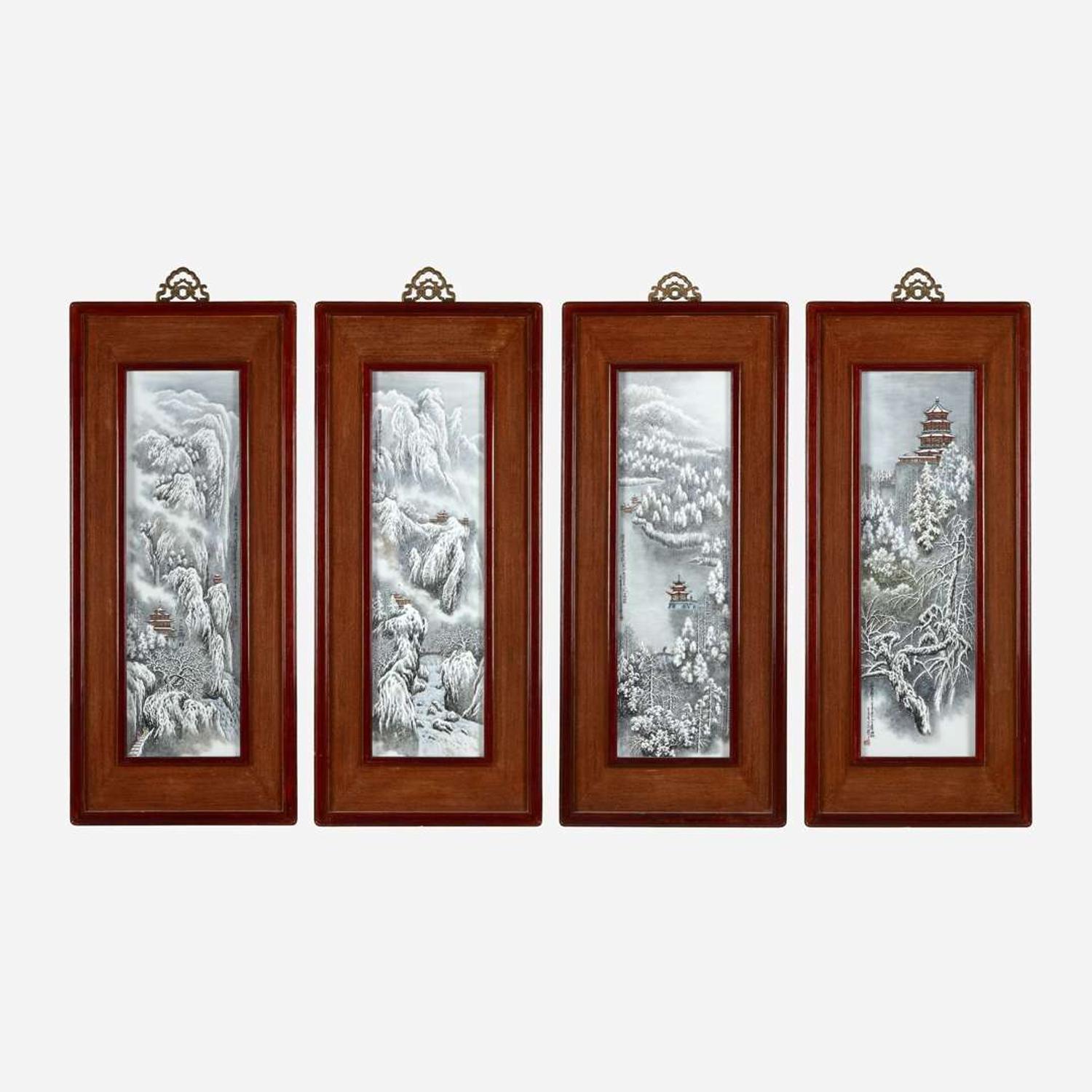 A suite of four Chinese enameled porcelain panels Jingdezhen, dated to a Xinyou year, equivalent to 1981