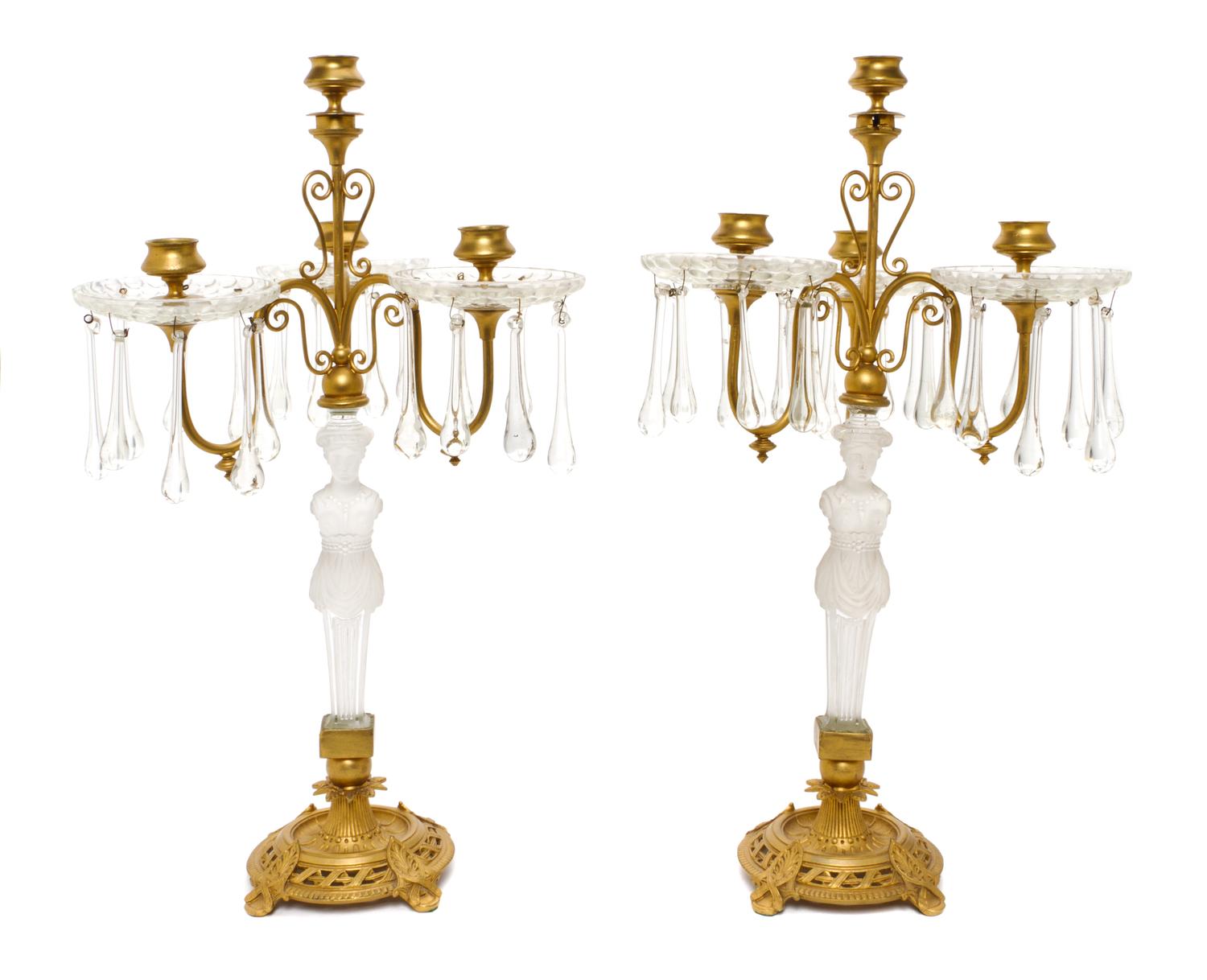 A Pair of Neoclassical Style Gilt Bronze and Glass Four-Light Candelabra, Height 19 1/4 inches.