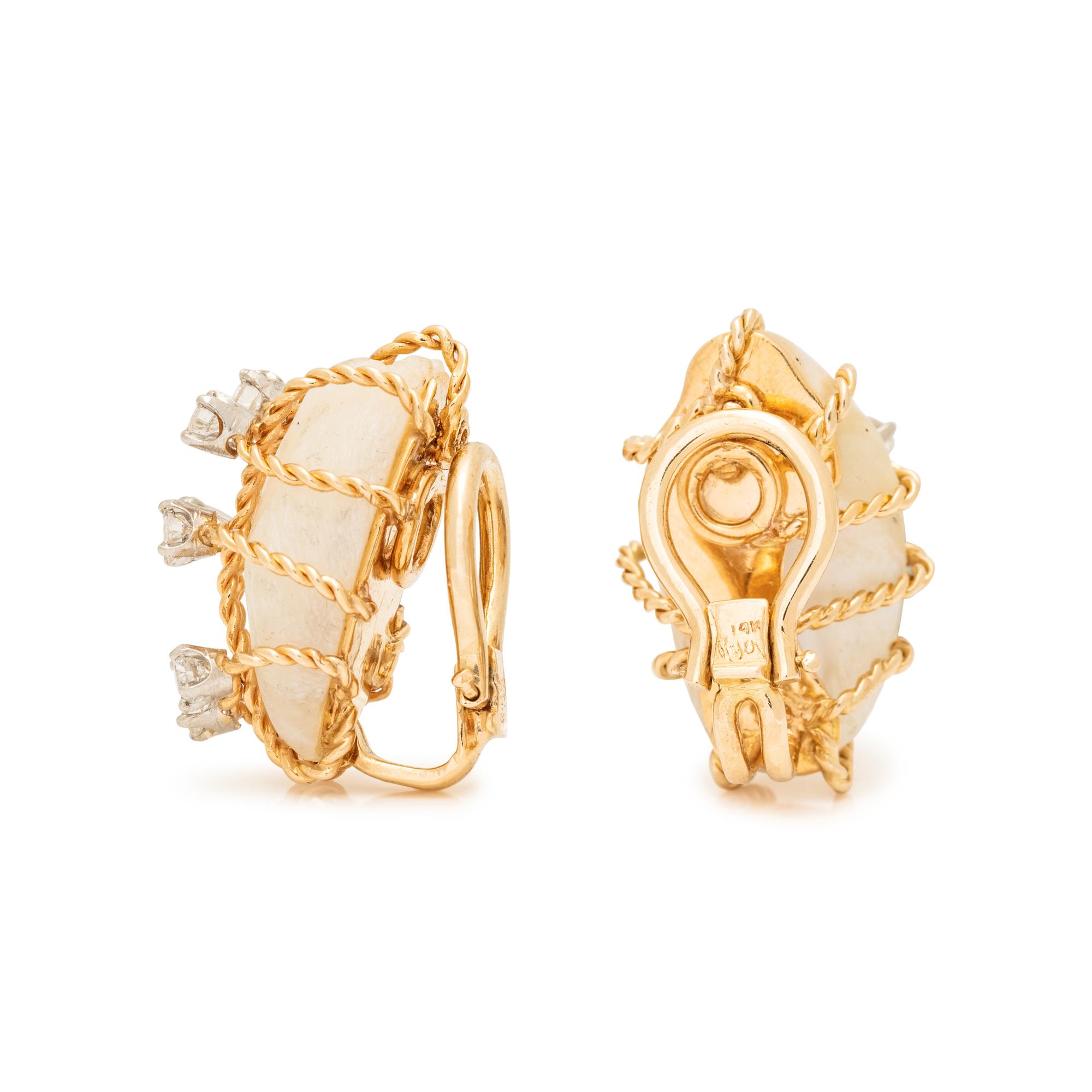 YELLOW GOLD, SHELL, AND DIAMOND EARRINGS