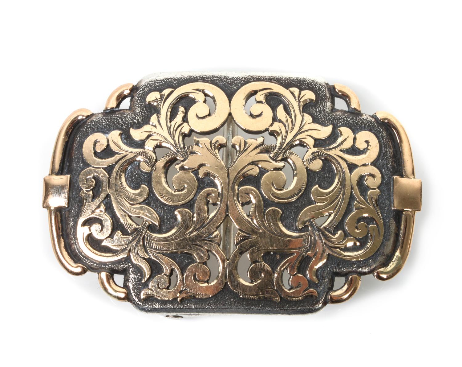 Two Comstock Heritage Silver and Yellow Gold Trophy Buckles Height of larger 2 1/4 x width 3 1/4.