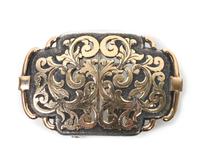 Two Comstock Heritage Silver and Yellow Gold Trophy Buckles Height of larger 2 1/4 x width 3 1/4.