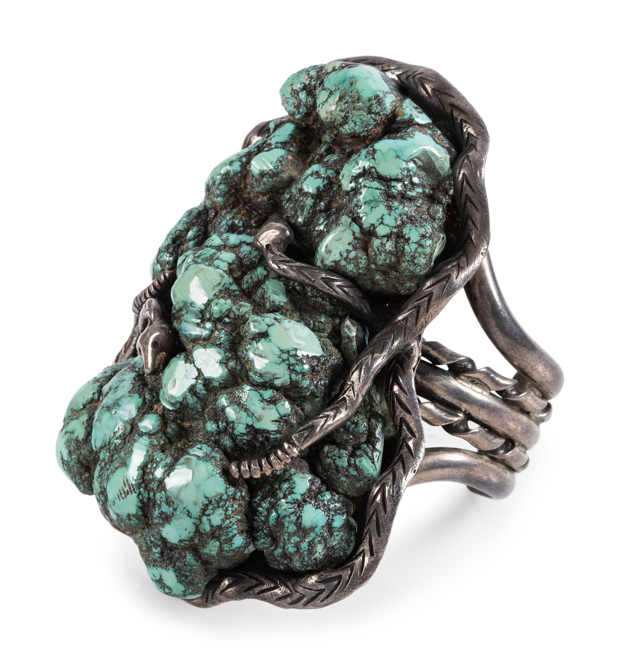 Large Navajo Silver and Turquoise Nugget Cuff Bracelet, with Snake Bezel