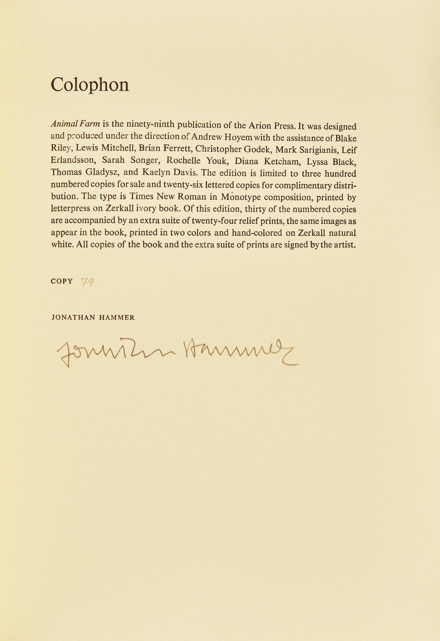 [Arion Press] [Hammer, Jonathan] Orwell, George. Animal Farm A Fairy Tale