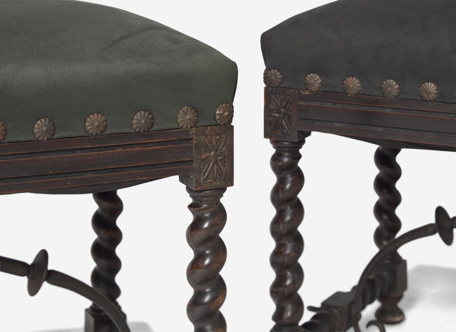 A Pair of Spanish Baroque Style Stained Beechwood and Wrought Iron Stools