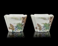 A Pair of Chinese Famille Rose 'Romance of the Western Chamber' Porcelain Wine Cups