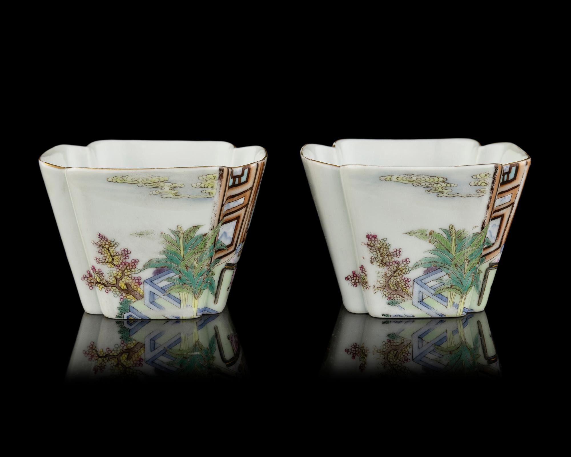 A Pair of Chinese Famille Rose 'Romance of the Western Chamber' Porcelain Wine Cups