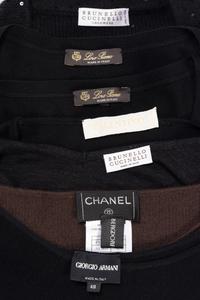 Seven Designer Knit Tops: Two Brunello Cucinelli, Two Loro Piana, One Chanel, One Valentino, and One Giorgio Armani