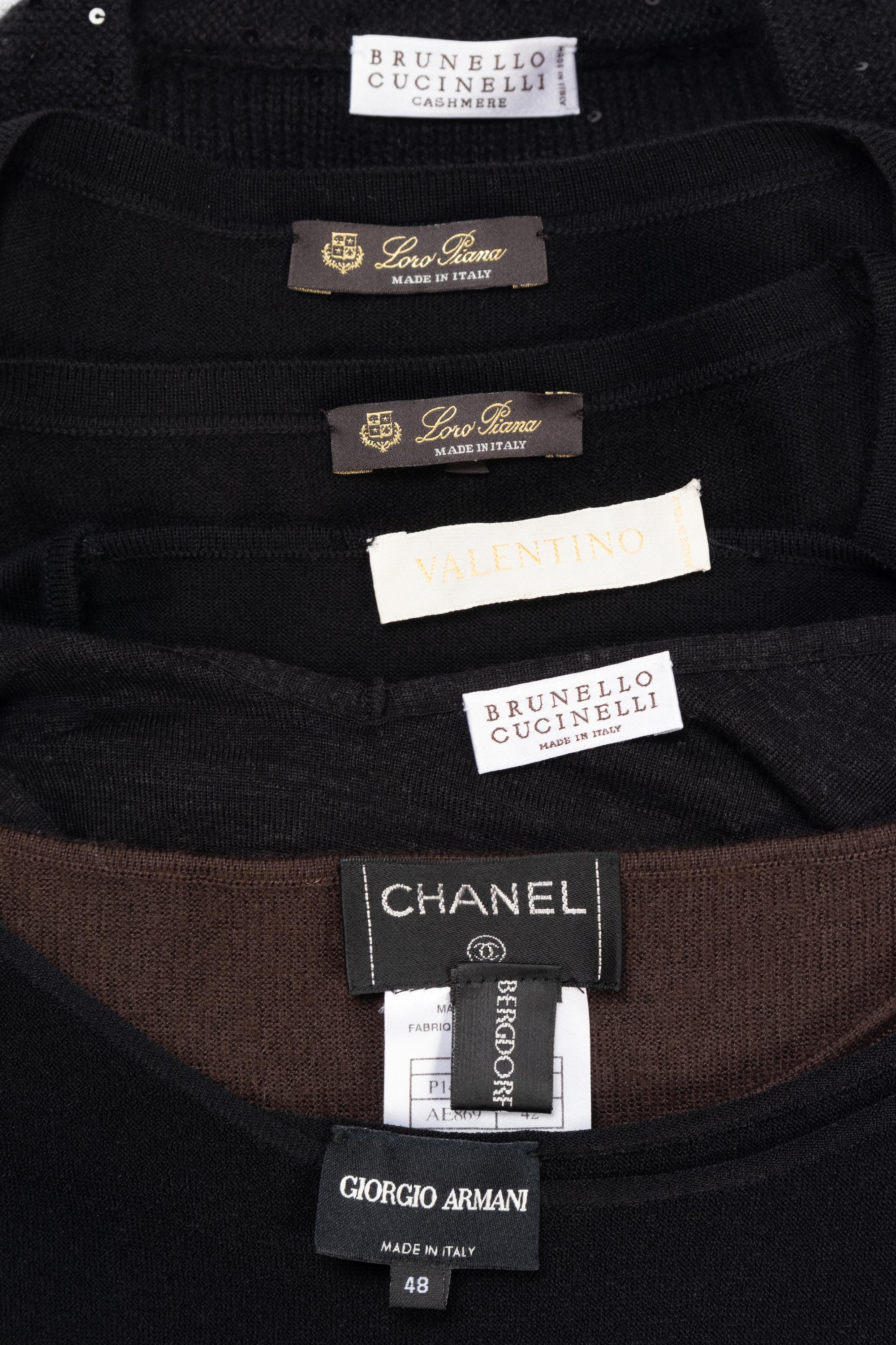 Seven Designer Knit Tops: Two Brunello Cucinelli, Two Loro Piana, One Chanel, One Valentino, and One Giorgio Armani