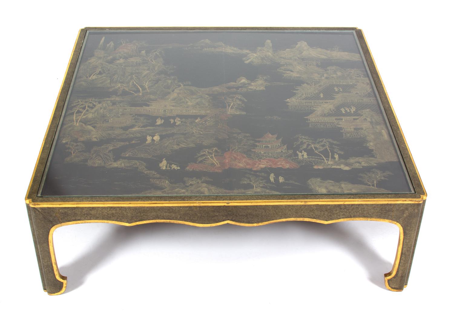 A Chinese Black and Gilt Lacquer Panel Inset in a Modern Low Table Base Height 15 x width 45 x depth 45 inches. — CIRCA 1800
