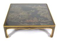A Chinese Black and Gilt Lacquer Panel Inset in a Modern Low Table Base Height 15 x width 45 x depth 45 inches. — CIRCA 1800