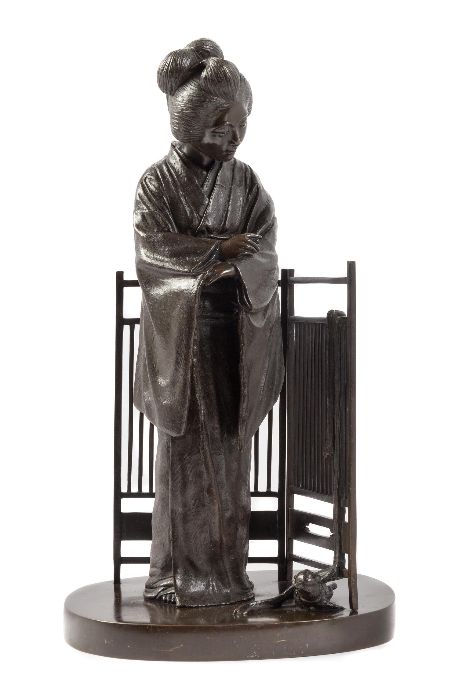 A Japanese Bronze Figure of a Geisha Height 20 3/4 inches.