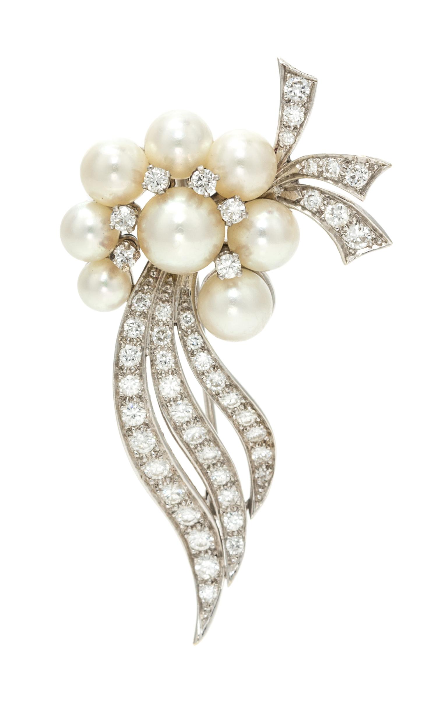 A White Gold, Cultured Pearl and Diamond Brooch, 5.60 dwts.