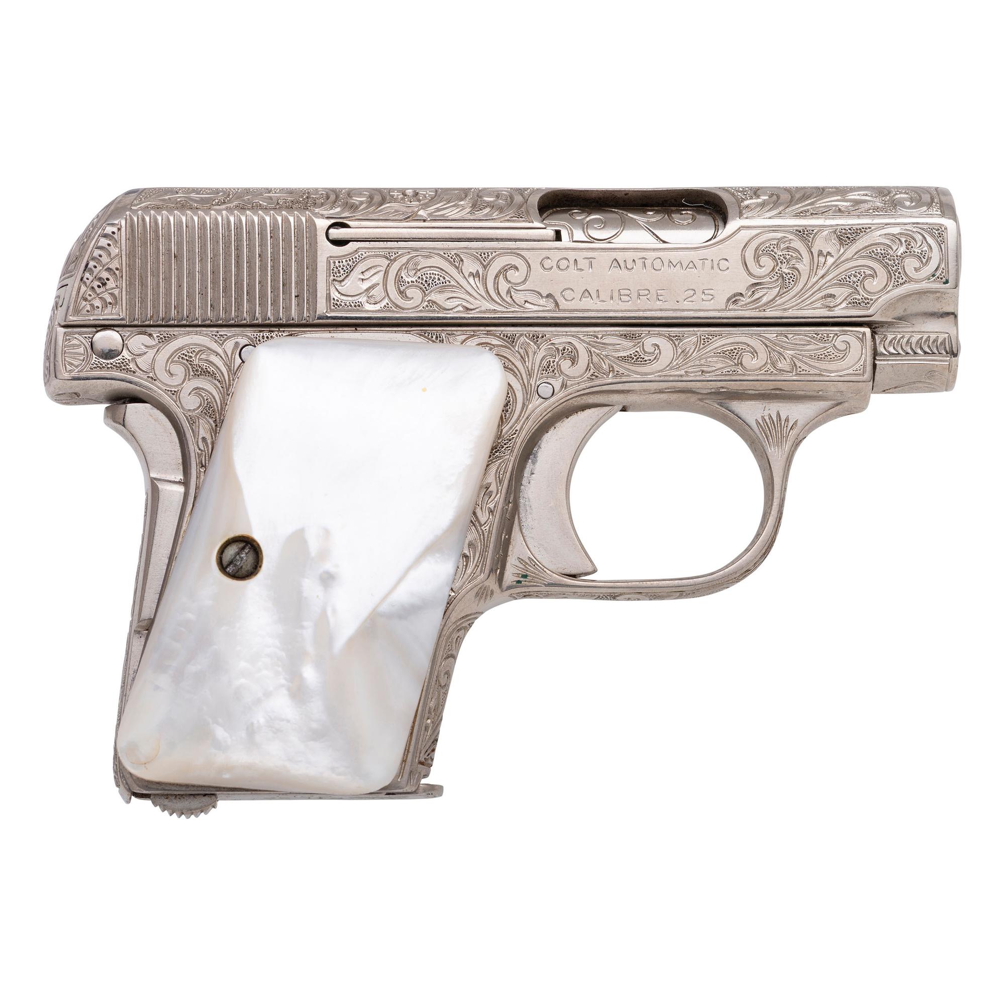 **Custom Engraved Colt M1908 Hammerless Pistol Nickel with Pearl Grips