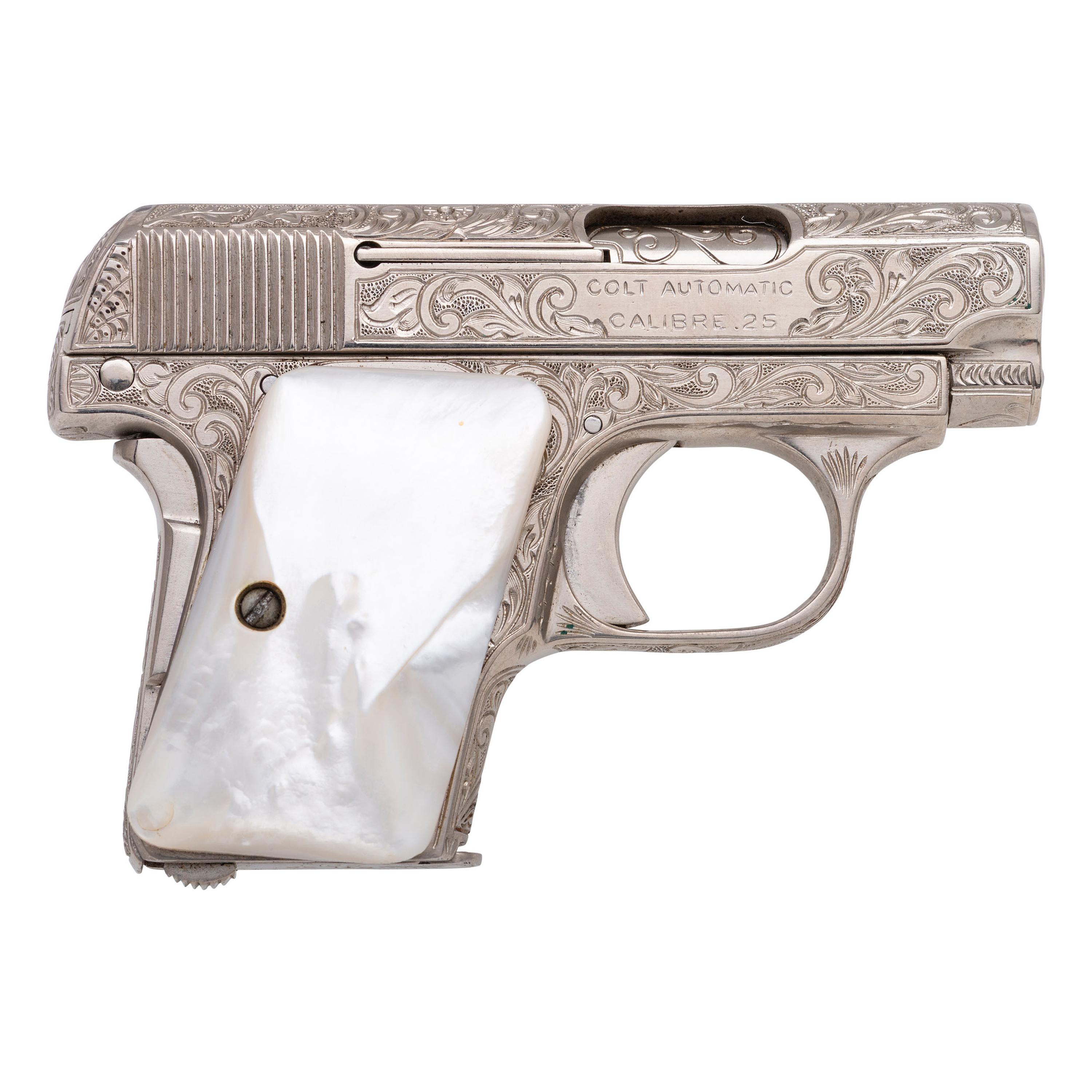 **Custom Engraved Colt M1908 Hammerless Pistol Nickel with Pearl Grips