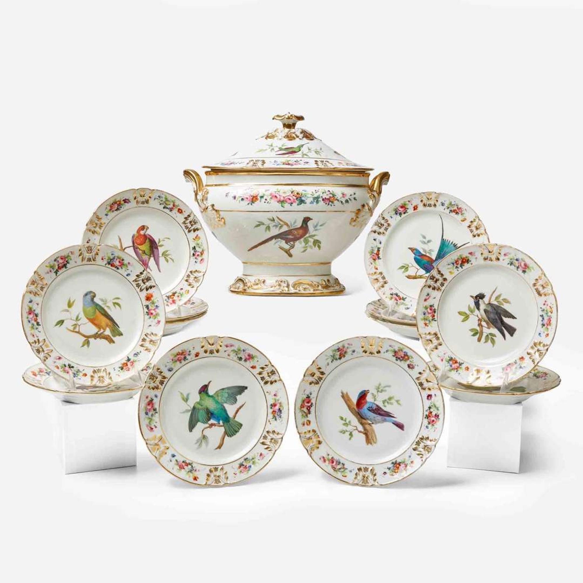 A French porcelain bird-themed luncheon service Possibly Paris Porcelain, late 19th century