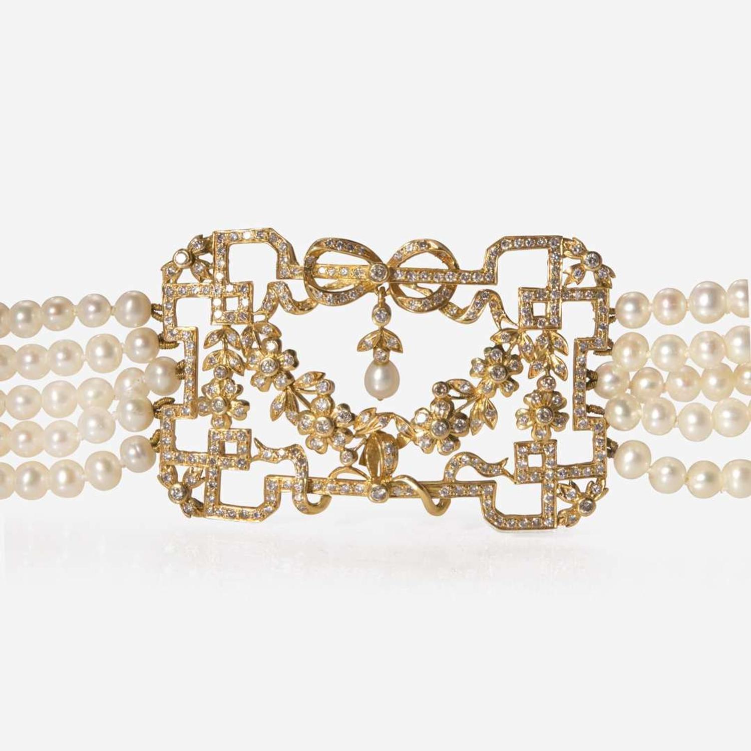 A Multi-Strand Pearl and Diamond Necklace
