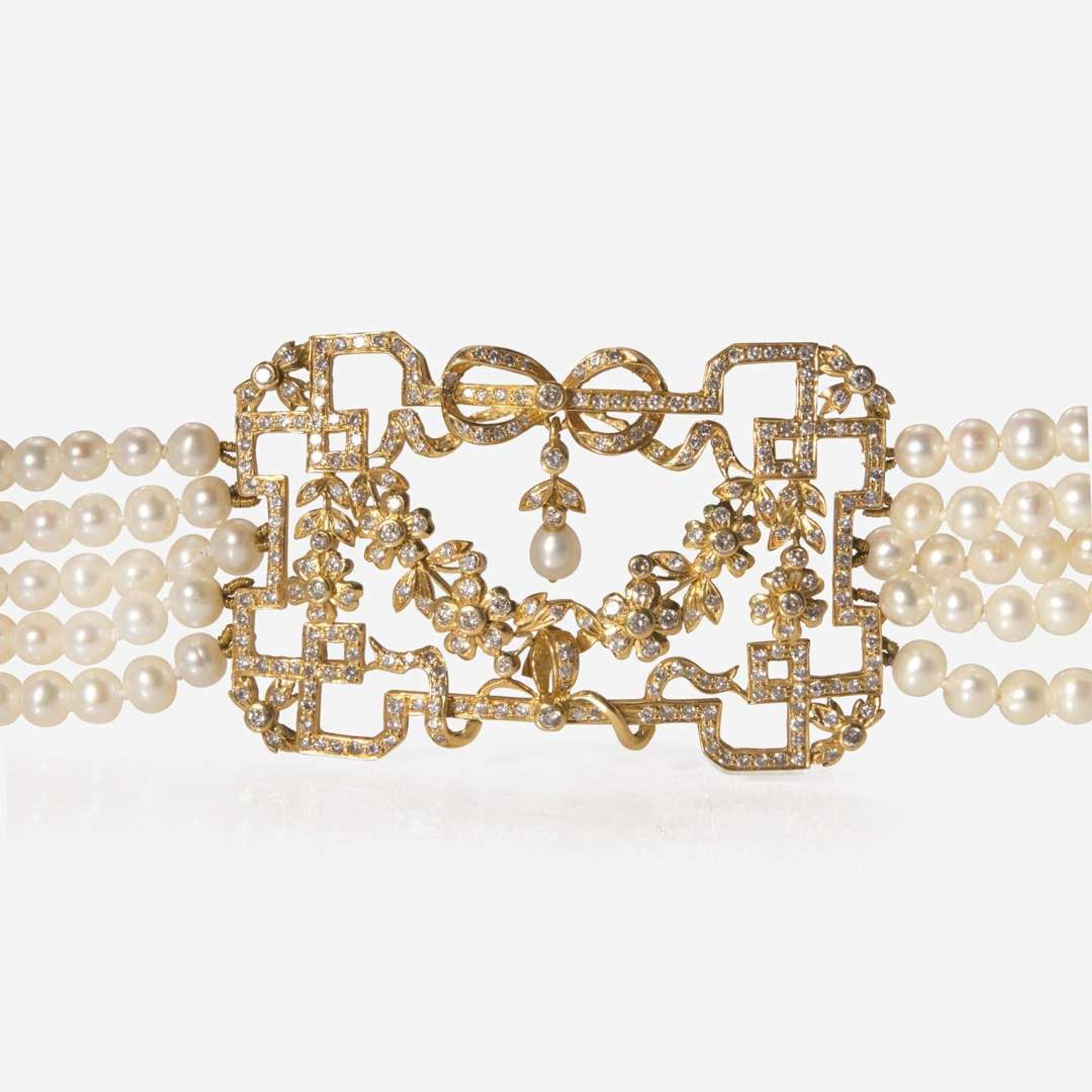 A Multi-Strand Pearl and Diamond Necklace