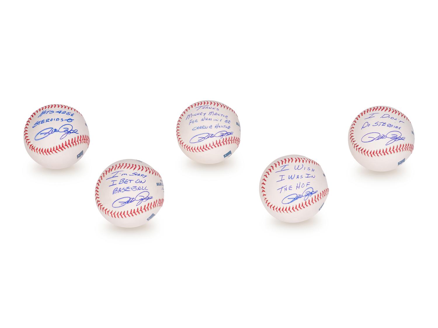 A Group of Five Pete Rose Signed Autograph Baseballs With Unique Inscriptions