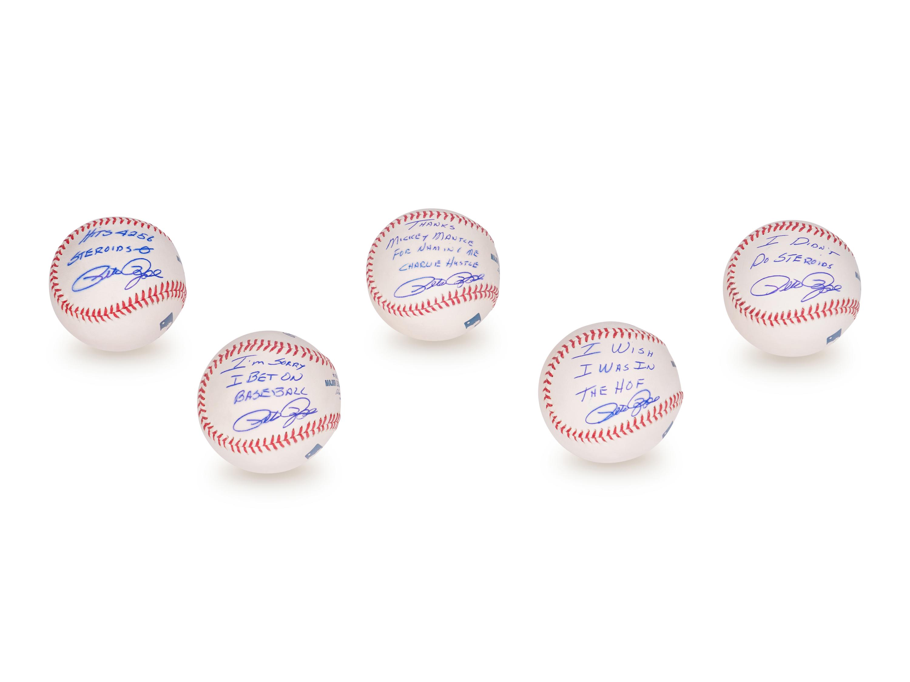 A Group of Five Pete Rose Signed Autograph Baseballs With Unique Inscriptions