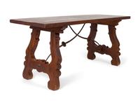 A Spanish Colonial Style Trestle Table With Wrought Iron Stretcher — 20TH CENTURY