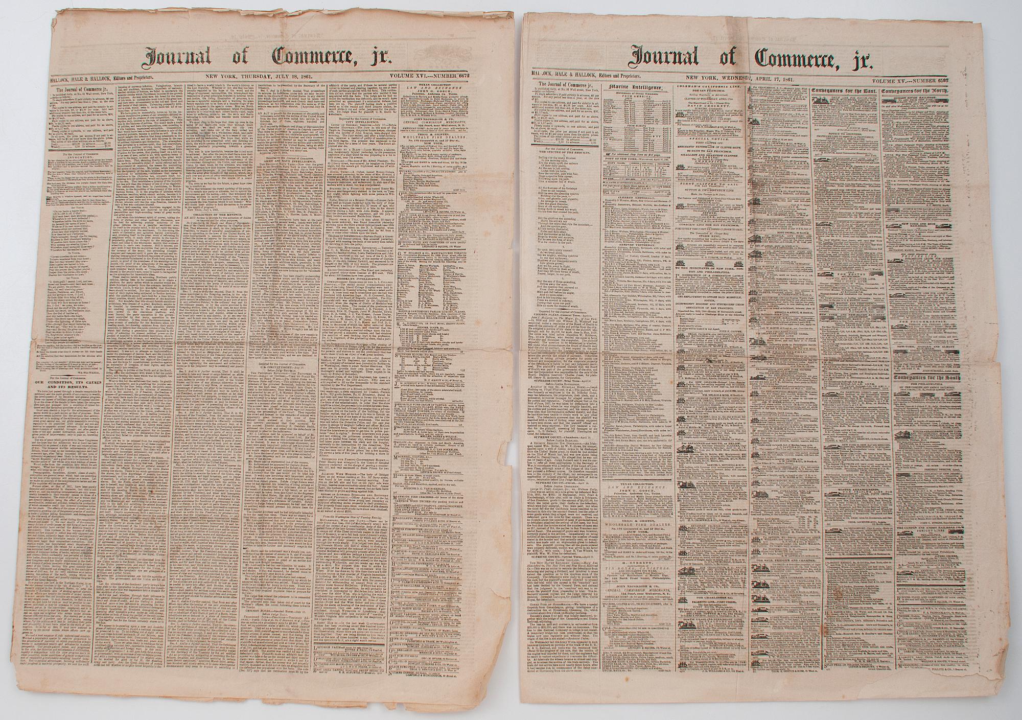[CIVIL WAR]. A group of 7 newspapers from 1861, incl. pre-war and homefront news, featuring New York Times commentary on evolving CSA government.