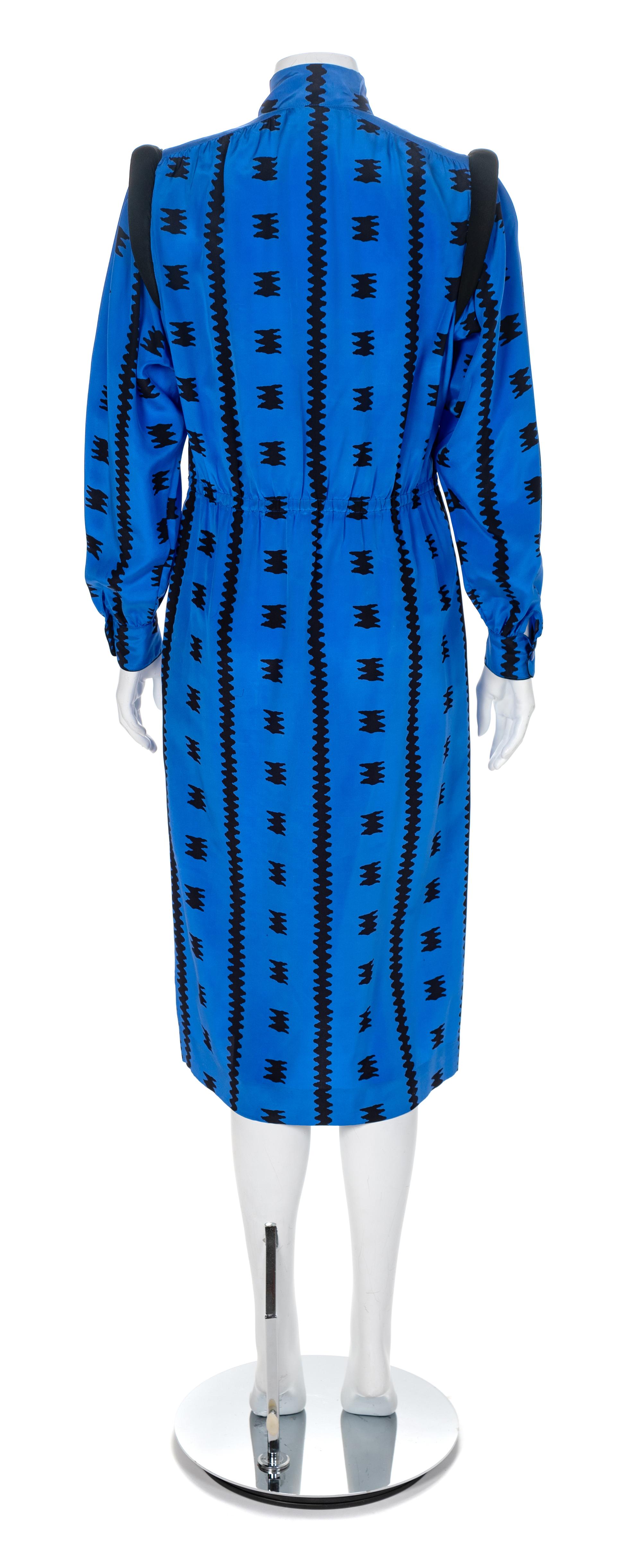 Balenciaga Blue Silk Print Dress, 1980s Size label: 38