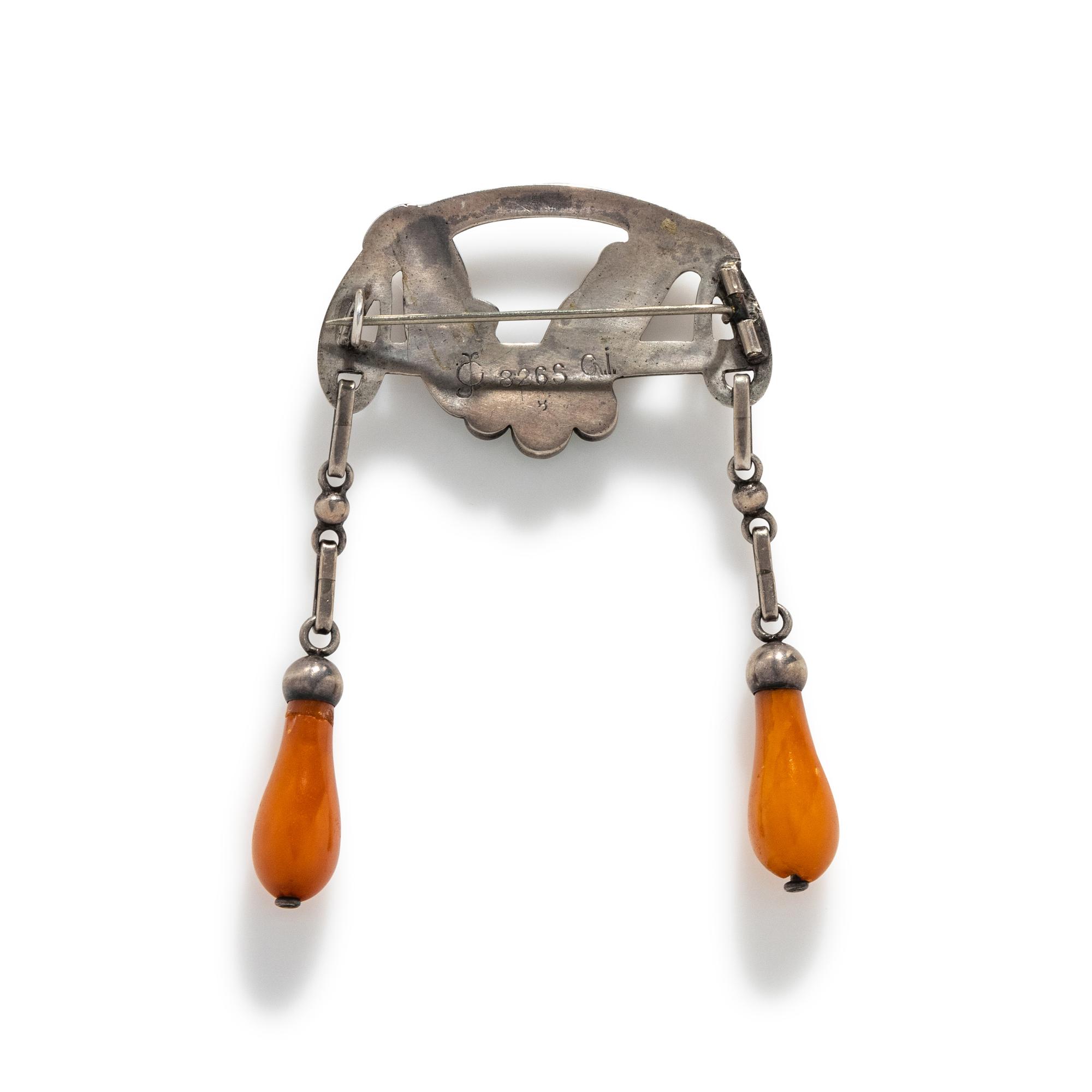 GEORG JENSEN, SILVER, AGATE AND AMBER BROOCH
