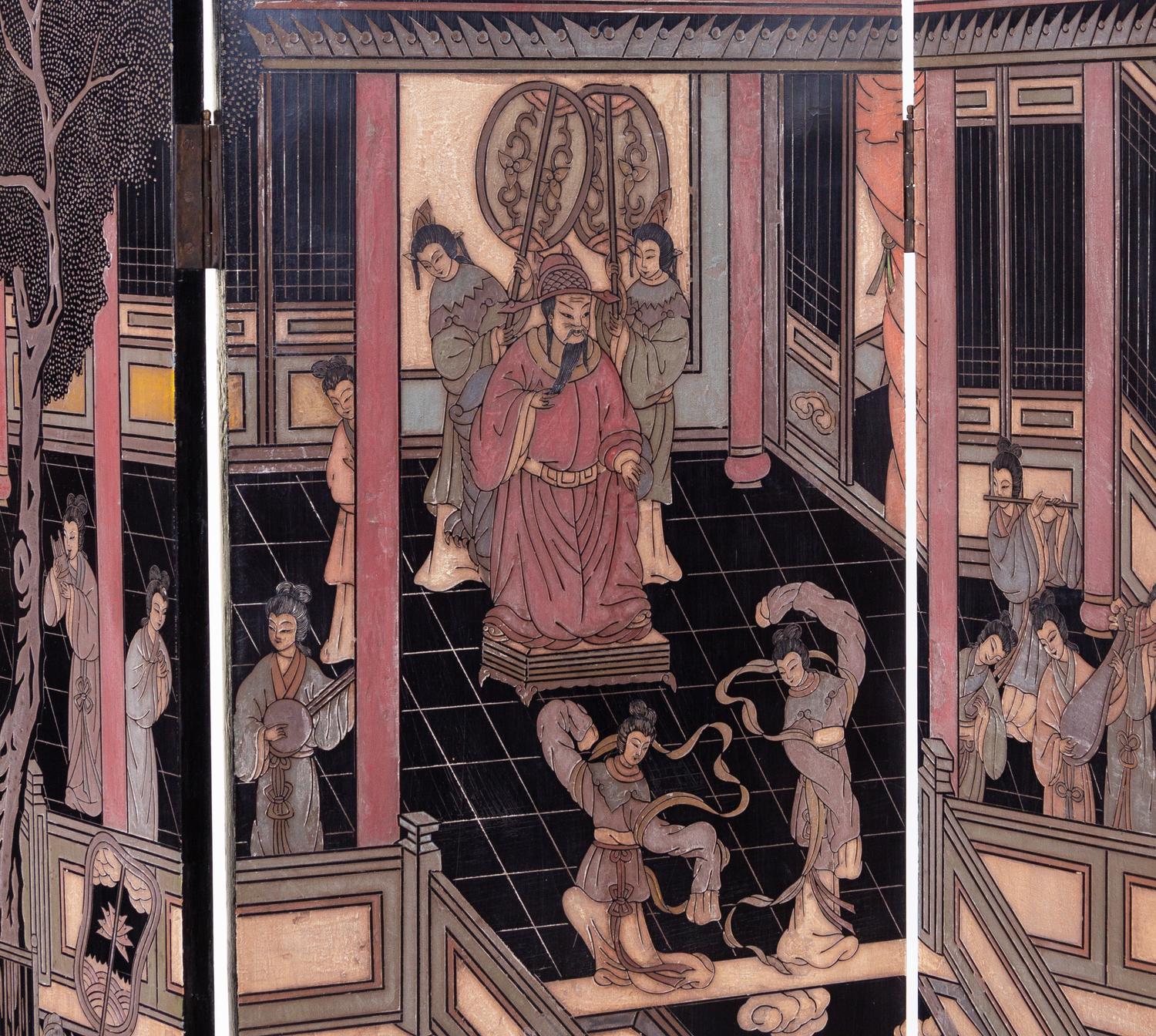 A Chinese Six-Panel Coromandel Polychrome Lacquered Floor Screen