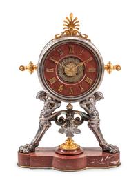 A French Neoclassical Gilt and Silvered Bronze and Marble Mantel Clock