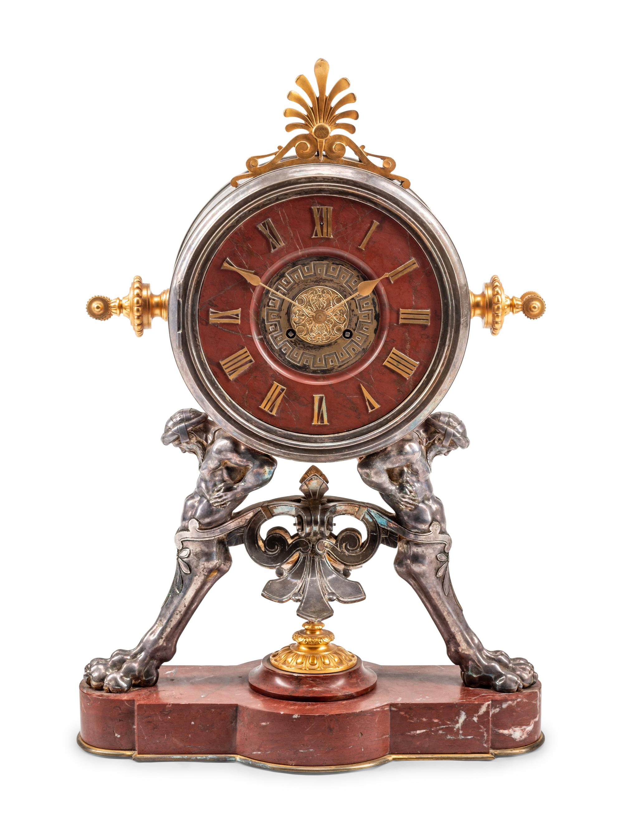 A French Neoclassical Gilt and Silvered Bronze and Marble Mantel Clock